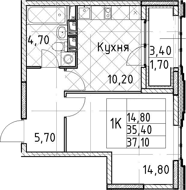 1-комнатная квартира 37.1 м², 13/13 эт., ЖК «Тайм Сквер»